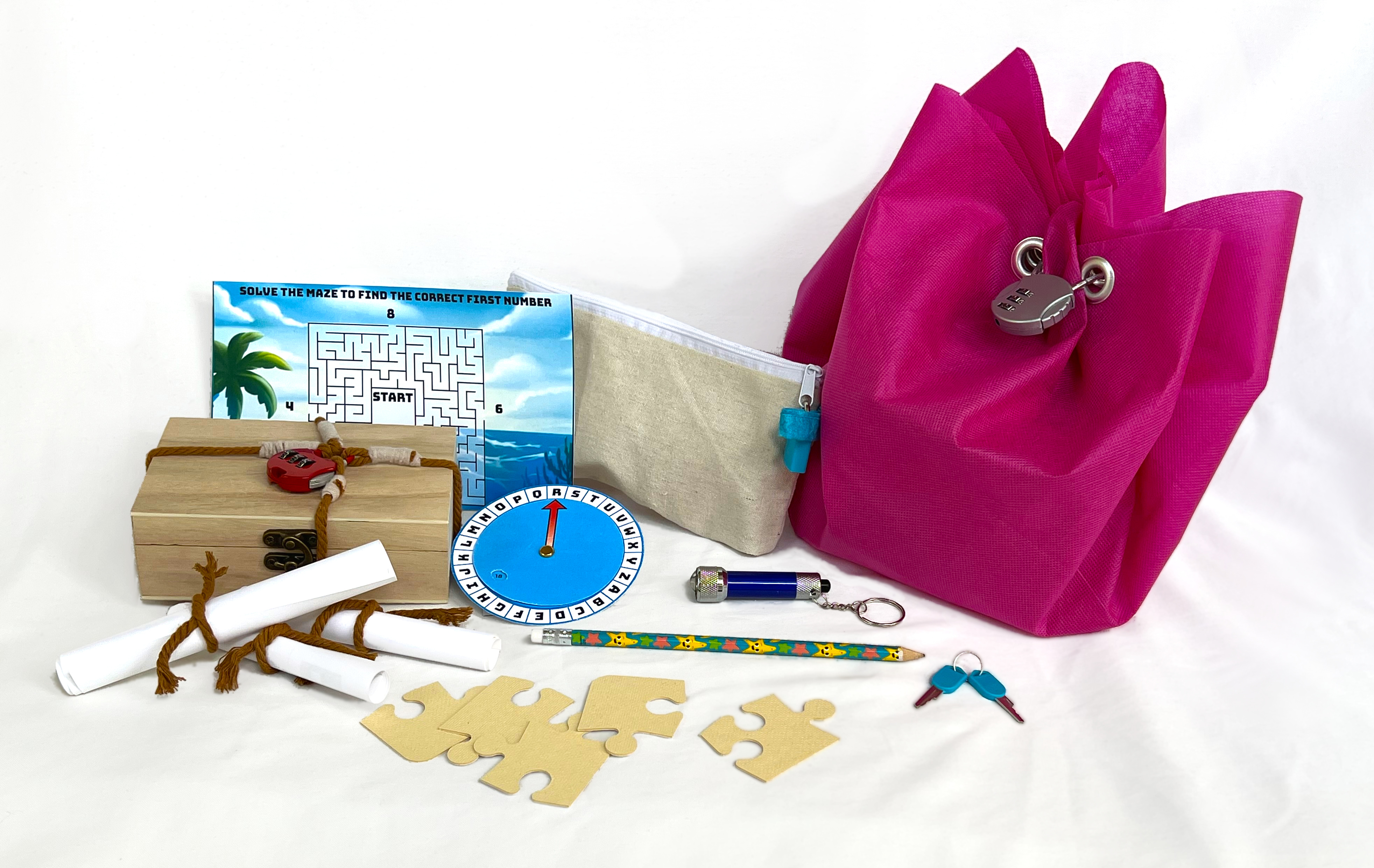 A picture of the riddlewrap kit, including a wooden box, a zipper bag, some jigsaw puzzle peice and a gift bag